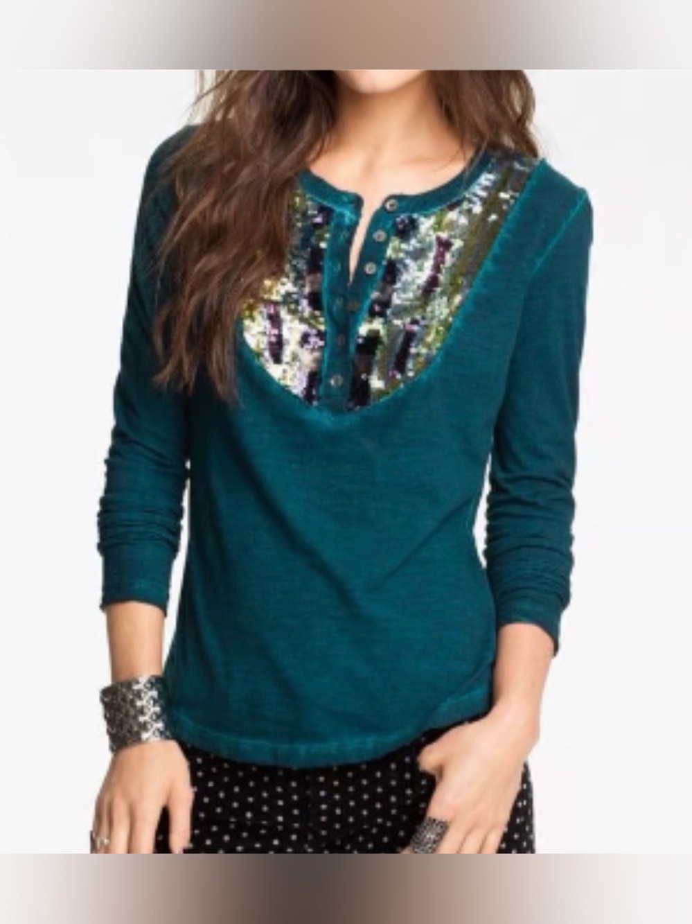 FREE PEOPLE Sequin Bib Tiger Eyes Henley Long Sleeve Shirt - Medium